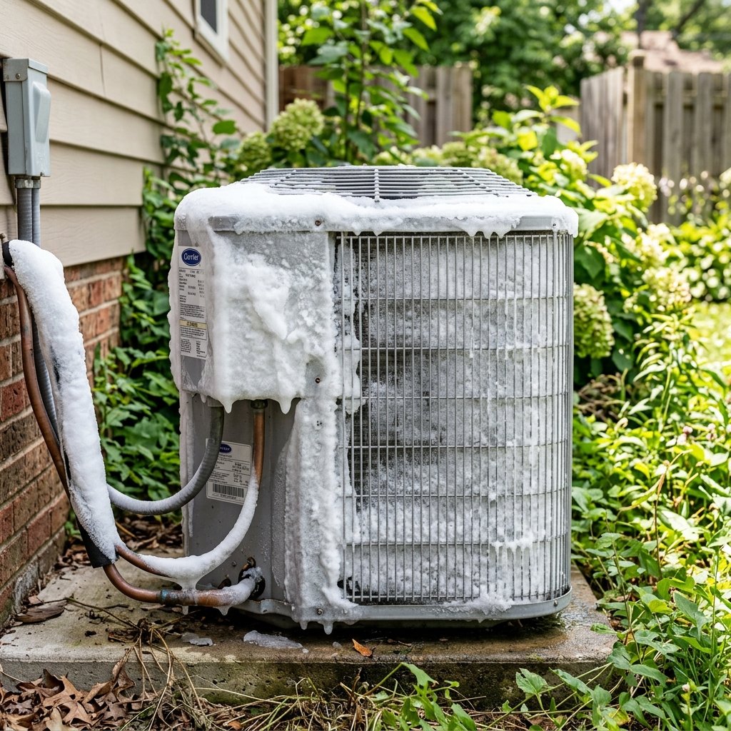 Frozen air conditioner evaporator coil with thick ice buildup