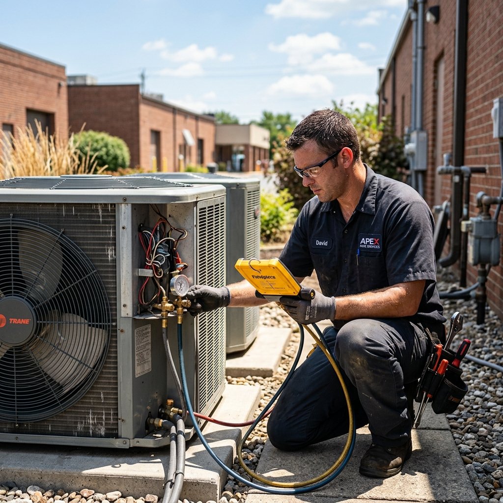 Professional HVAC technician checking a large outdoor air conditioning condenser unit in the summer sun