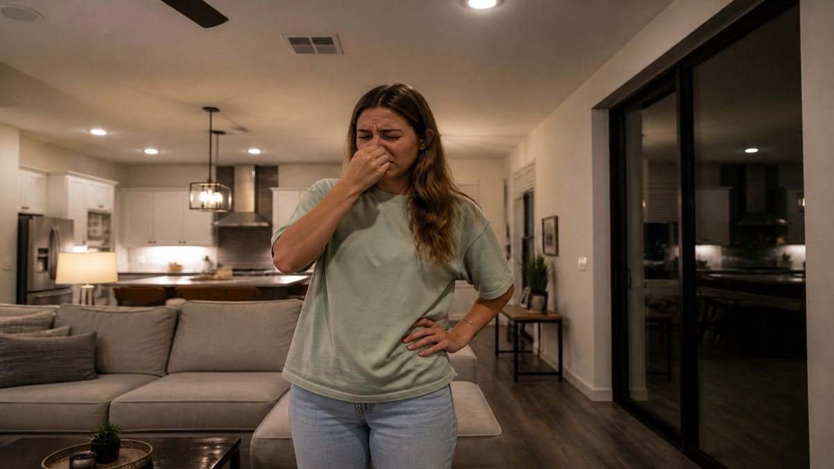Musty AC smell in a Texas living room — Why Does My AC Smell Like Dirty Socks? (And How to Fix It)