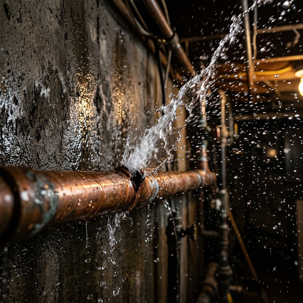 Professional plumber working urgently on a severely leaking pipe under a kitchen sink at night