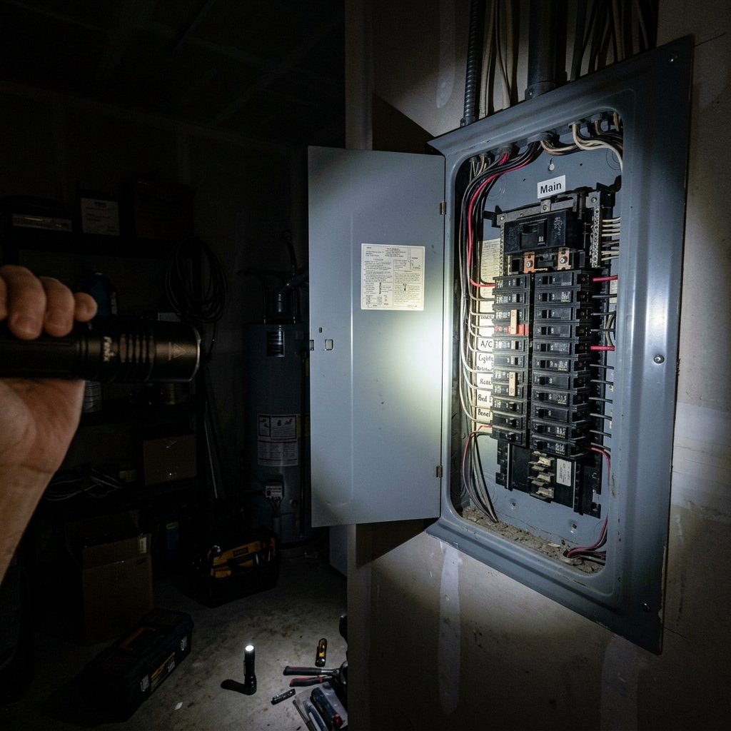 Bright beam of a flashlight pointing at an open electrical breaker panel in a dark house during a power outage