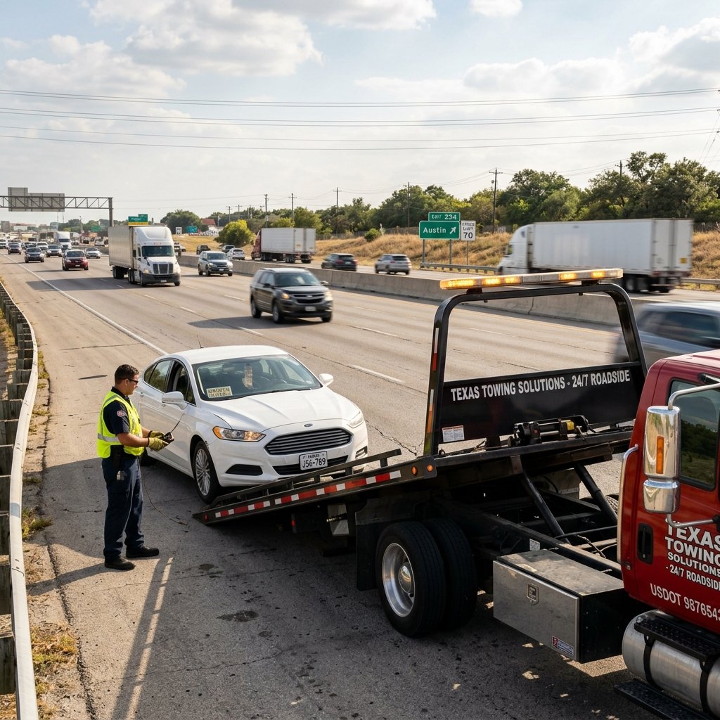 Flatbed tow truck loading a broken down sedan on the highway