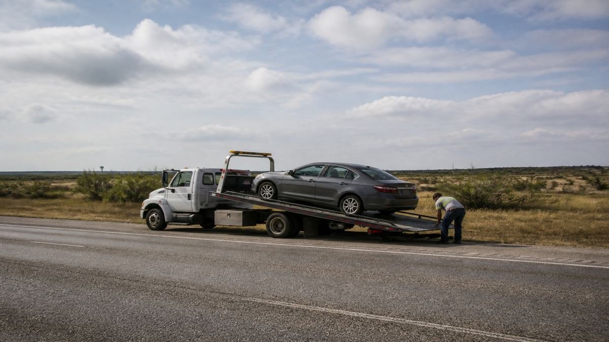 Flatbed tow truck loading a car — How Much Does Towing Cost in Texas? (2026 Guide)