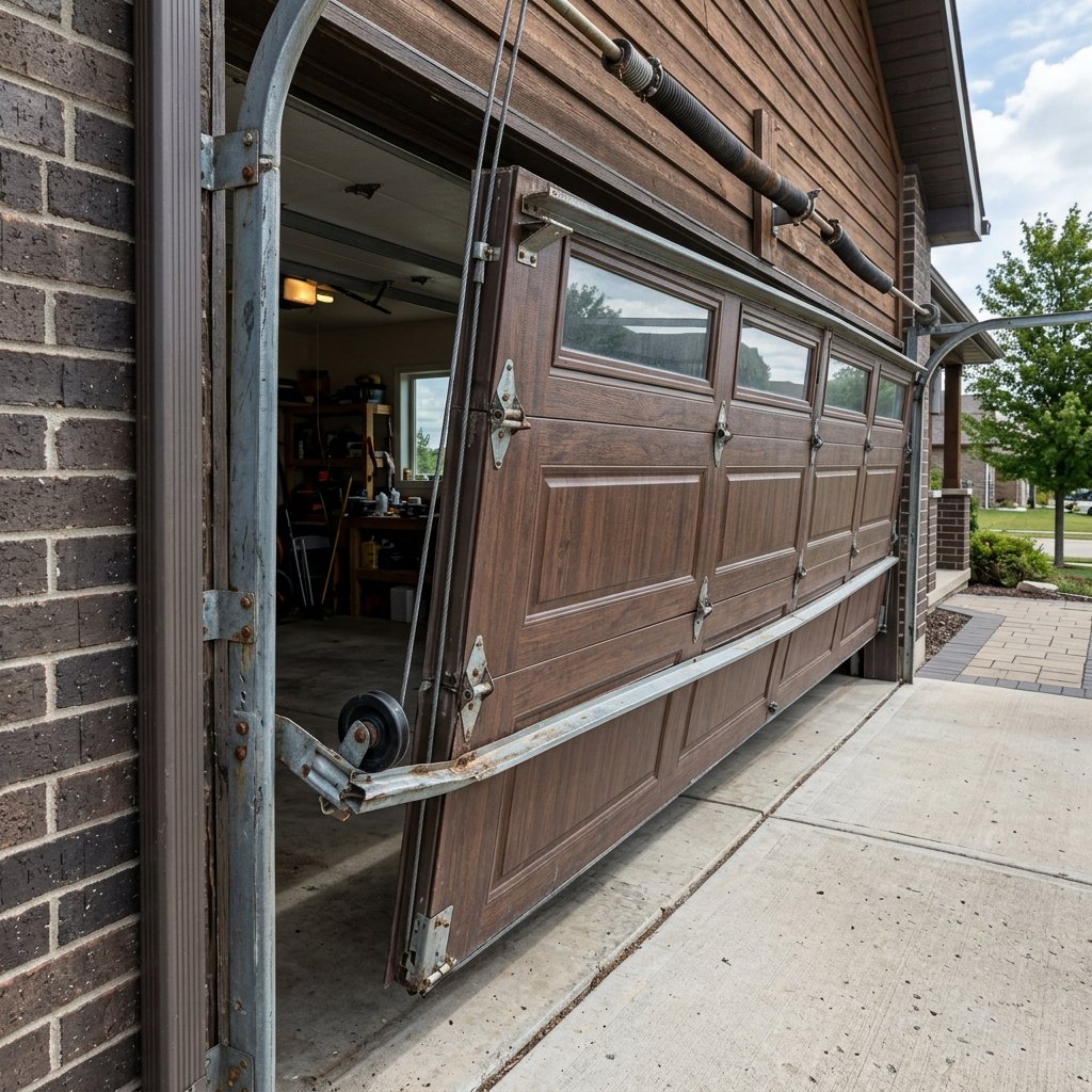 Heavy residential garage door stuck halfway open and slightly off its metal tracks