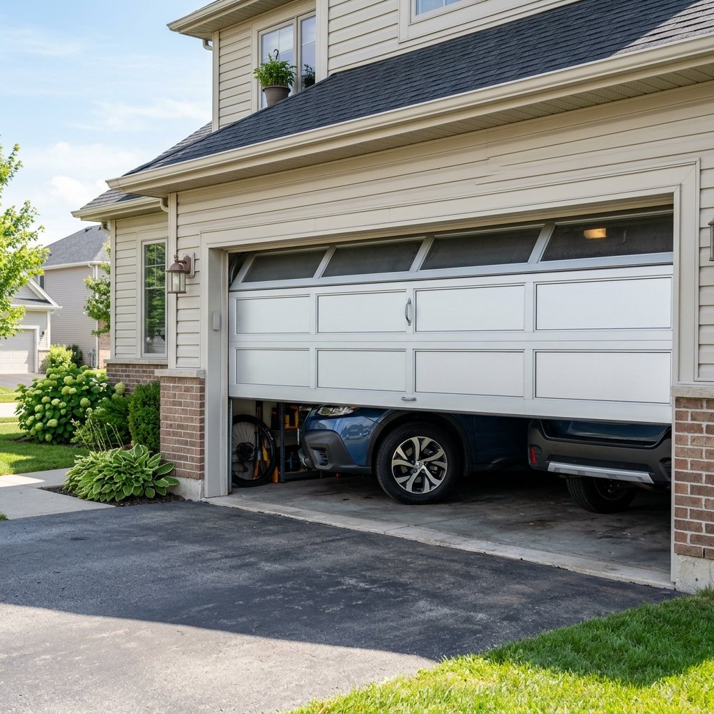 Modern garage door stuck halfway open showing car inside