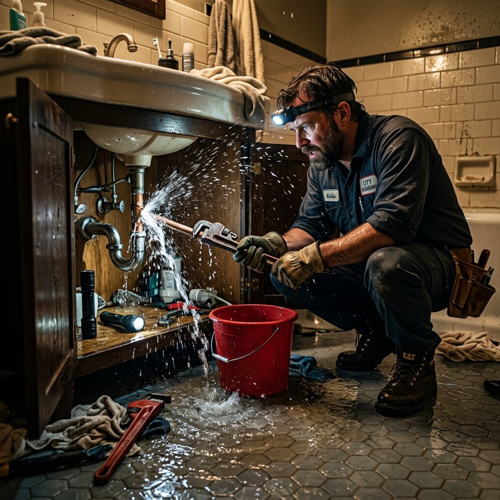 Emergency plumber urgently fixing a burst pipe causing a flood in a bathroom