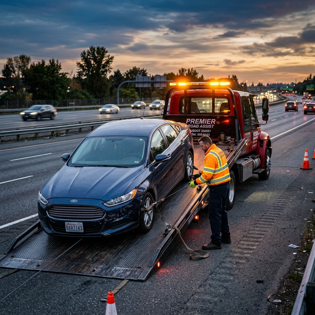 Modern flatbed tow truck safely loading a broken-down sedan on the highway shoulder at dusk